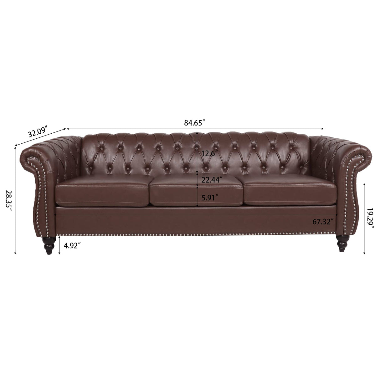 CLUBKNIGHT Modern Chesterfield Sofa Three Seater Couch,Faux Leather Couch with Rolled Arms,Comfy Couches for Living Room,Office,Reception Room(Brown) CLUBKNIGHT