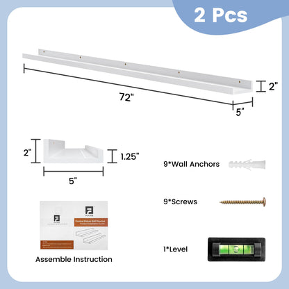 FLYJOE 72'' Solid Pine Wood Floating Picture Ledge Shelf Set of 2 in White for Kids' Room and Home Decor - WoodArtSupply