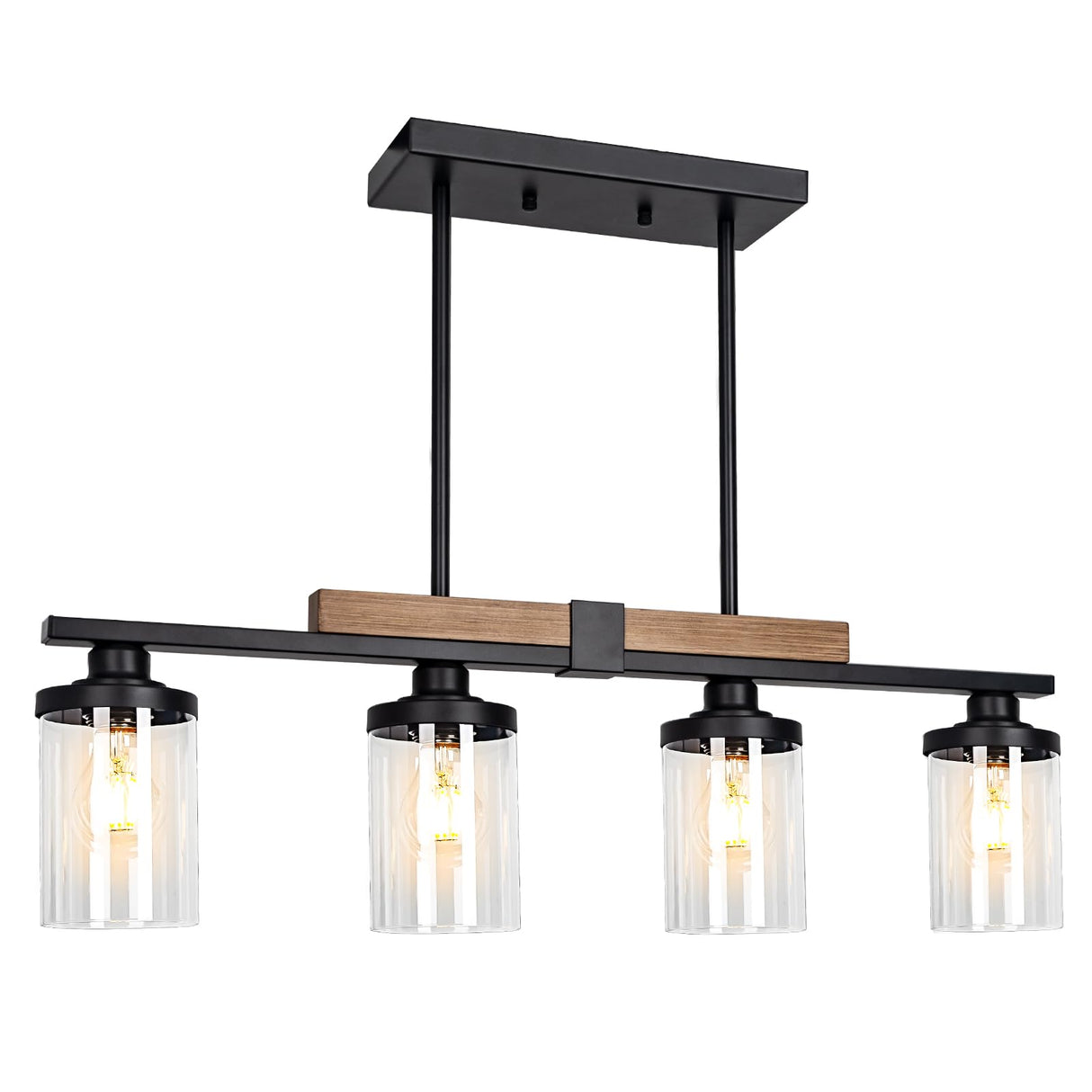 Dining Room Light Fixture Over Table, Farmhouse 4-Light Kitchen Island Lighting, Modern Wood Chandelier with Adjustable Height, Large Industrial Black Pendant Lights Ceiling Hanging for Living Room VenzBlomia