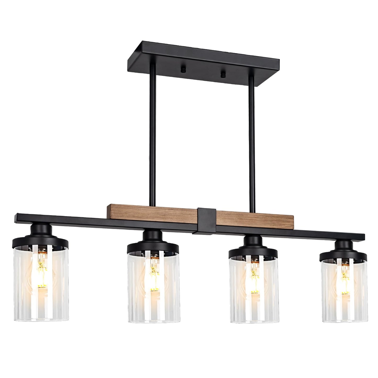 Dining Room Light Fixture Over Table, Farmhouse 4-Light Kitchen Island Lighting, Modern Wood Chandelier with Adjustable Height, Large Industrial Black Pendant Lights Ceiling Hanging for Living Room