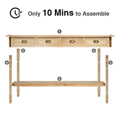 Wnutrees Farmhouse Console Table with 4 Drawers, 60" Long Narrow Boho Sofa Foyer Table with Large Storage Space, Solid Wood Frame and Legs for Wnutrees