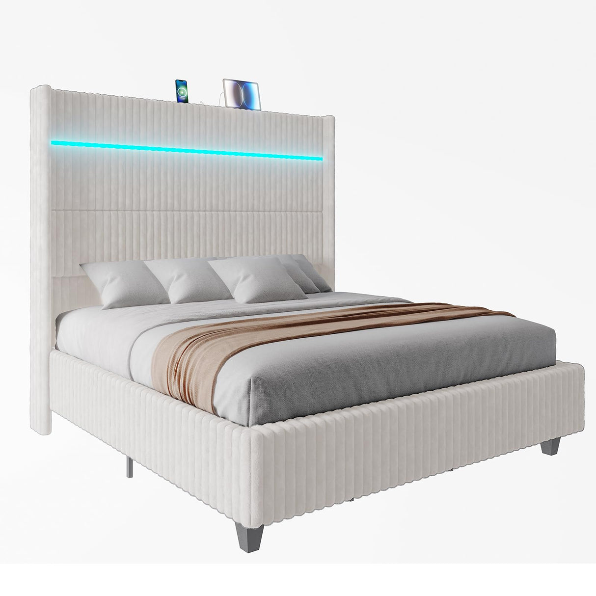 Jocisland 60" Tall King Bed Frame with LED Lights, Corduroy Upholstered Platform Bed Frame with Wingback Headboard and Charging Station/No Box Spring Needed/White Jocisland