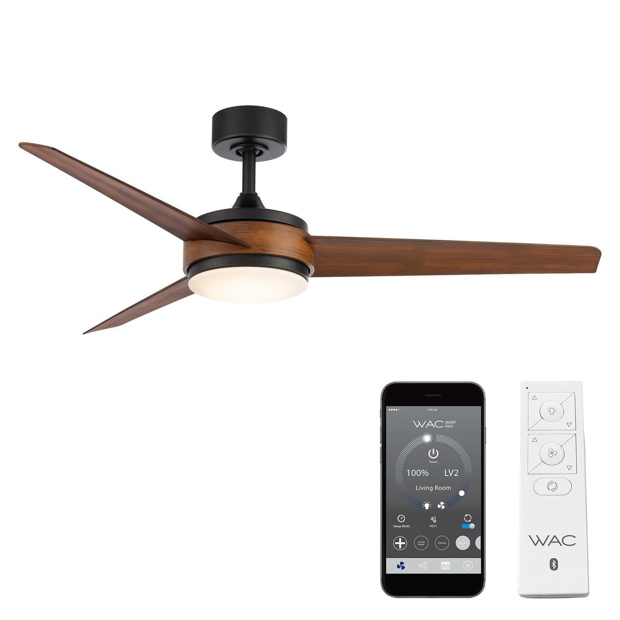 WAC Smart Fans Mod Indoor and Outdoor 3-Blade Smart Home Ceiling Fan 54in Matte Black Distressed Koa with 3000K LED Light Kit and Remote Control Works with Alexa and iOS or Android App WAC Lighting