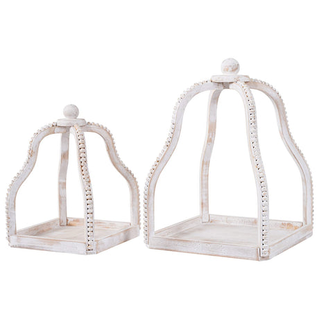 Elyccupa 2 Pack Wood Beaded Lantern Set Vintage Rustic Farmhouse Decorative Candle Lanterns, Distressed White ELYCCUPA