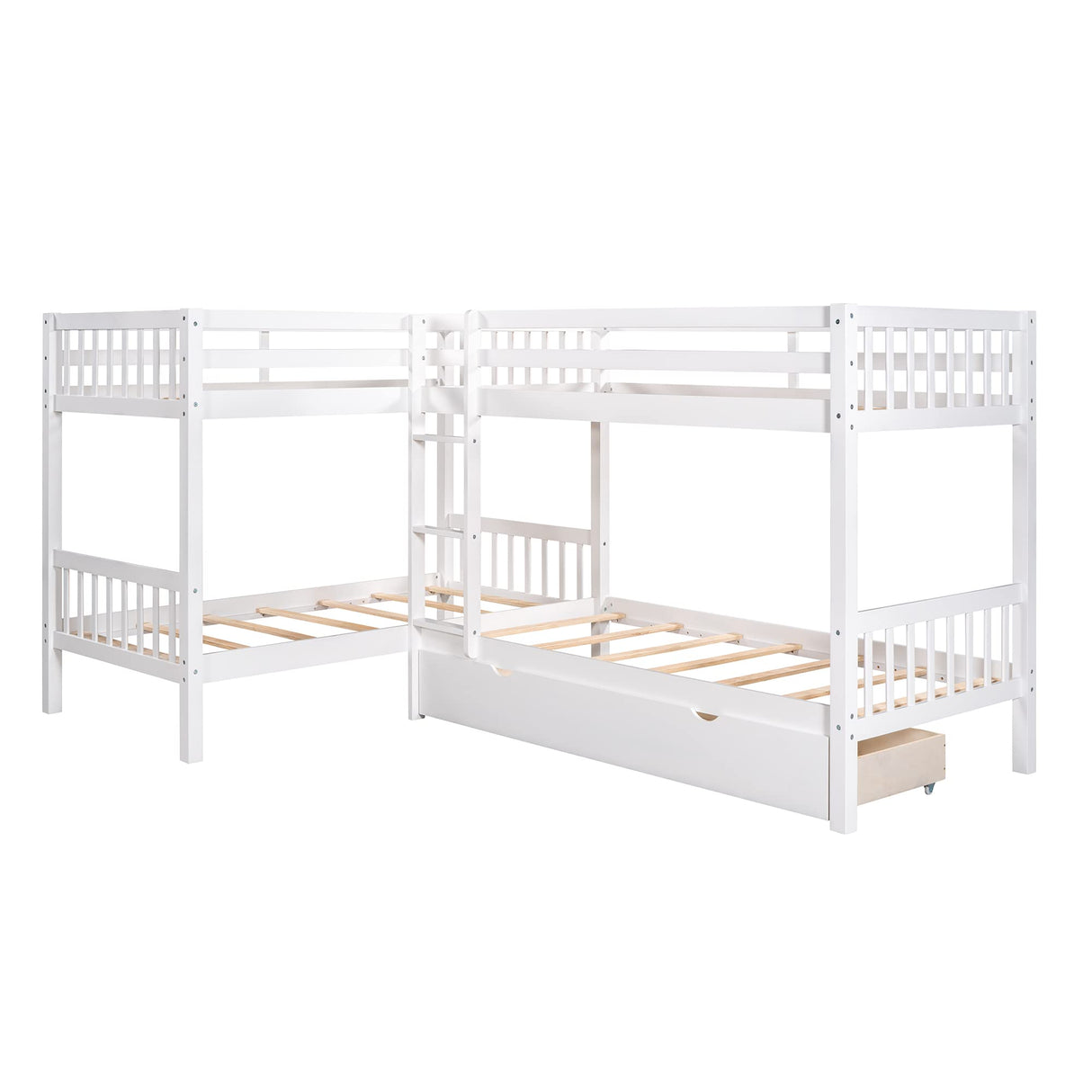 MERITLINE Twin Size Quad Bunk Beds, Kids Bunk Bed with Drawers, Wood L-Shaped Bunk Bed 4 Bed Bunk Beds for Kids,Teens (White) MERITLINE