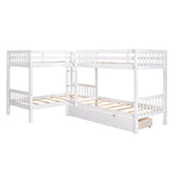 MERITLINE Twin Size Quad Bunk Beds, Kids Bunk Bed with Drawers, Wood L-Shaped Bunk Bed 4 Bed Bunk Beds for Kids,Teens (White) MERITLINE