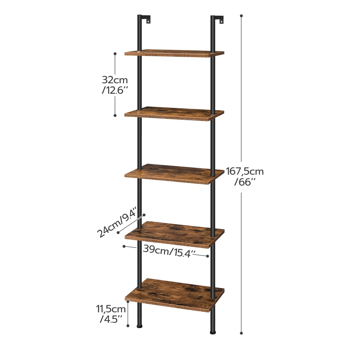 HOOBRO DIY Ladder Shelf, 5-Tier Wooden Wall Mounted Bookshelf, Narrow Bookcase, Display Shelf, Storage Rack, Plant Stand, for Living Room, Bedroom, Study, Balcony, Rustic Brown and Black BF531CJ01 HOOBRO