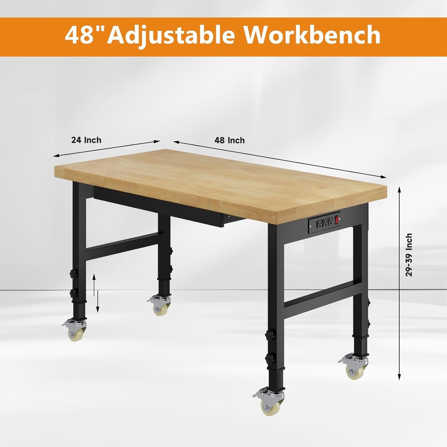 Pelnuies 48" Adjustable Height Work Bench with Wheels, Heavy-Duty Thick Wood Work Table with Power Outlets, 2000 LBS Capacity Workstation for Garage, Workshop, Office, Home