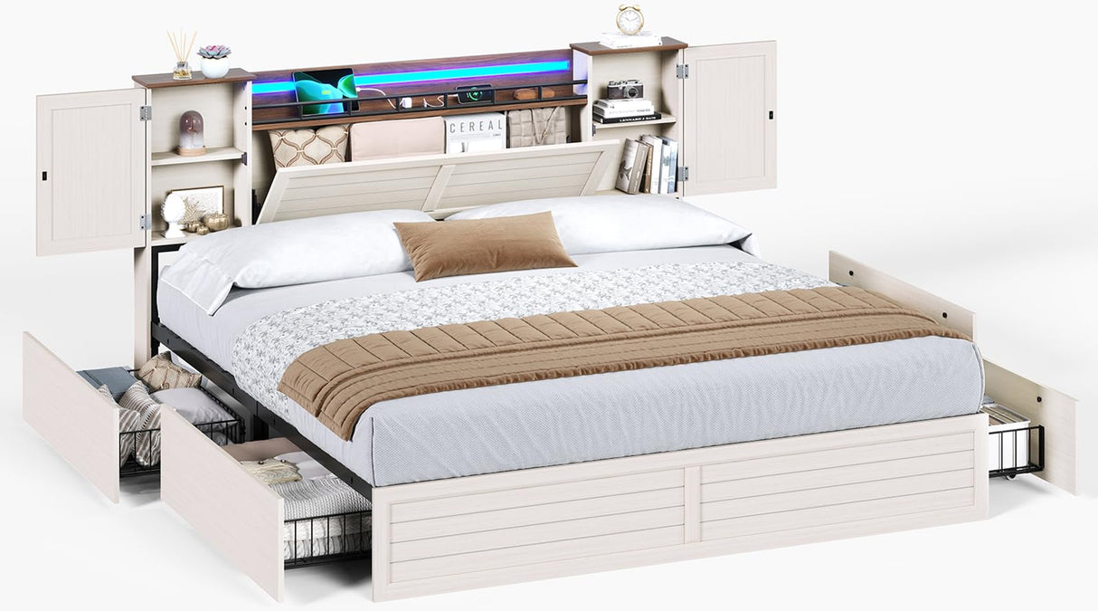 VIAGDO Farmhouse King Bed Frame with Headboard and Double Barn Door Storage Cabinets, Rustic Wooden Bed Frame King Size with Charging Station, 4 Drawers and LED Lights, No Box Spring Needed, White VIAGDO