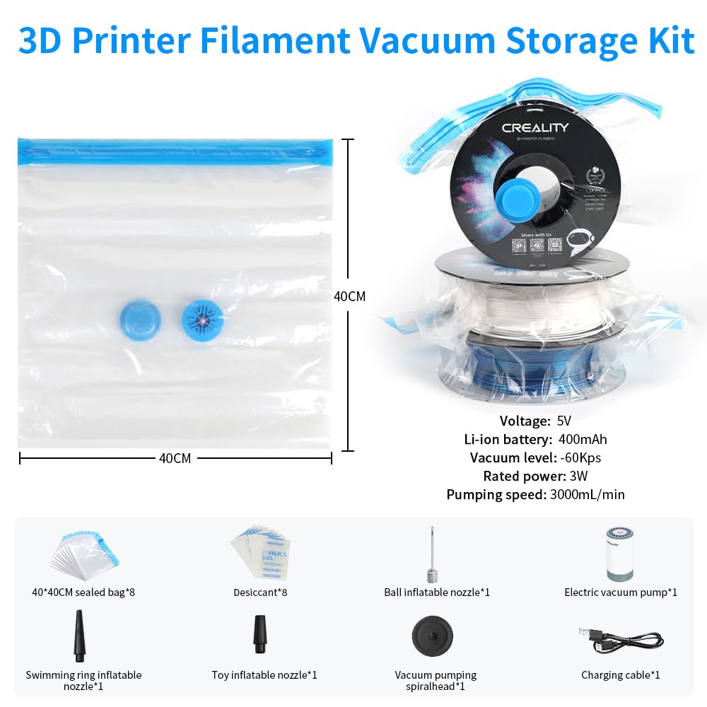 Creality 3D Printer Filament Storage Bags Filament Vacuum Bags, 8 Transparent Sealed Bags with Electric Pump Dust Proof Humidity Resistant Keeping Filament Dry, 40 x 40CM Reusable Vacuum Storage Bags Creality
