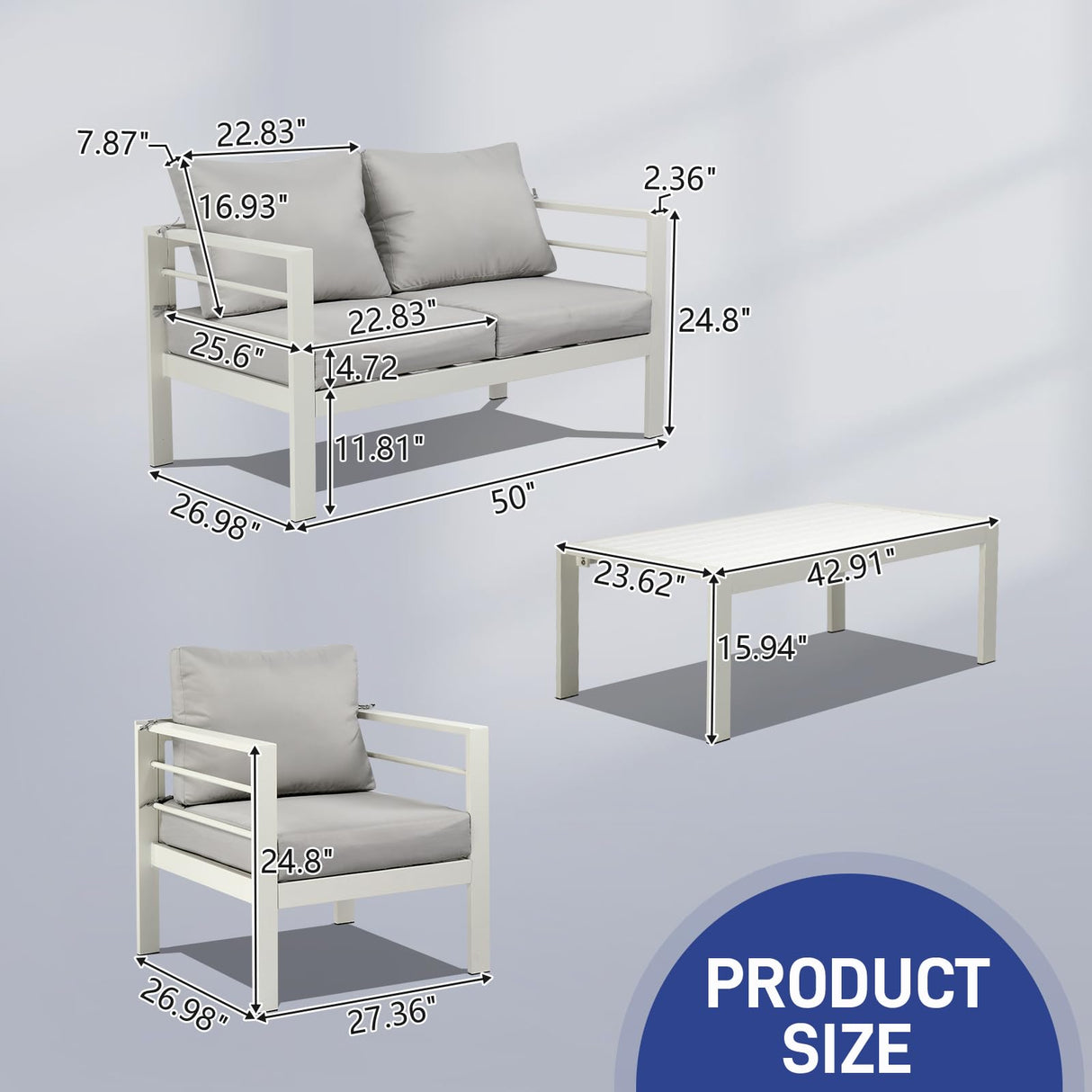 VINGLI Outdoor Furniture 4 Pieces Modern Aluminum Patio Furniture Set, Patio Sofa Set Outdoor Patio Conversation Sectional Set for Lawn, Garden, Backyard (White) VINGLI