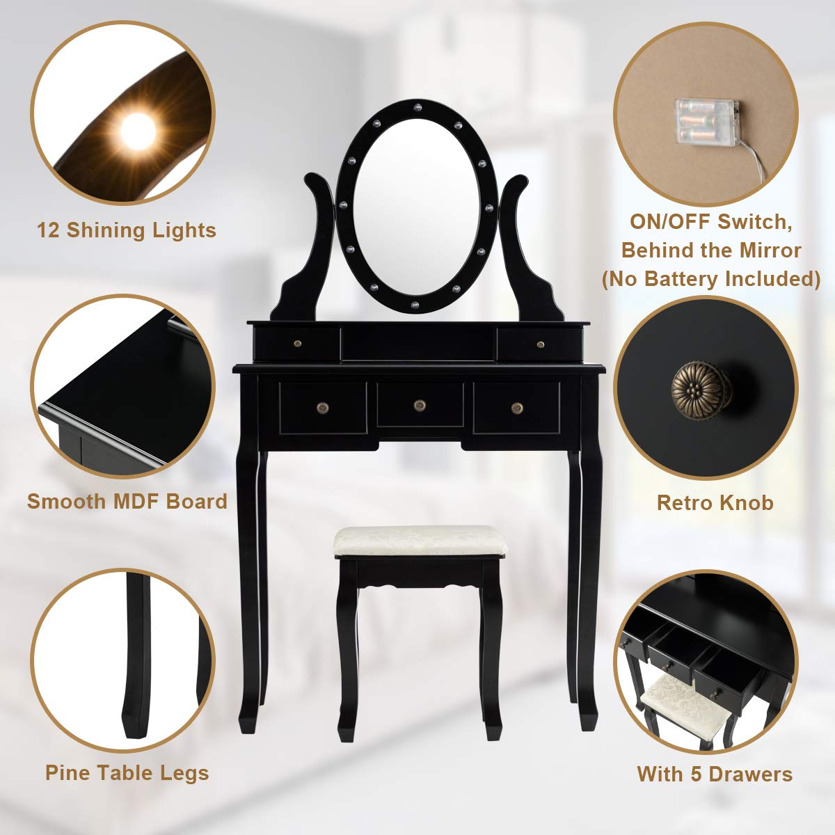 Giantex Vanity Table Set with 12 Lights Mirror, Bedroom Makeup Dressing Table with 360° Rotating Oval Mirror, 5 Drawers and Shelf, Modern Makeup Table with Cushioned Stool for Girls Women (Black) Giantex