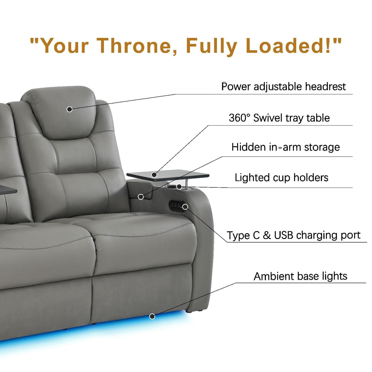 comfiroom Leather Home Theater Seating, Simple Style Dual Power Electric Headrest Game Seats Movie Theater Chairs Top Grain Leather Recliner Sofa (Grey, Row of 4 Loveseat Right) comfiroom