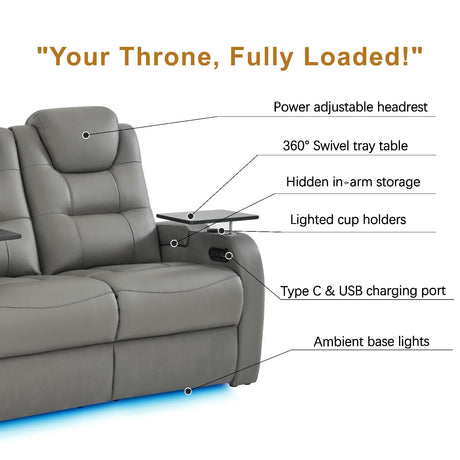 comfiroom Leather Home Theater Seating, Simple Style Dual Power Electric Headrest Game Seats Movie Theater Chairs Top Grain Leather Recliner Sofa (Grey, Row of 4 Loveseat Right) comfiroom