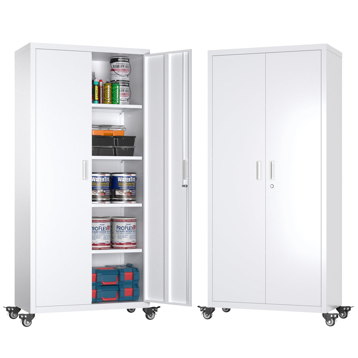 Aobabo 73" H 2 Door Metal Storage Cabinet on Wheels,Lockable Steel Rolling Garage Storage Cabinet with 4 Adjustable Shelves,White, Assembly Required Aobabo