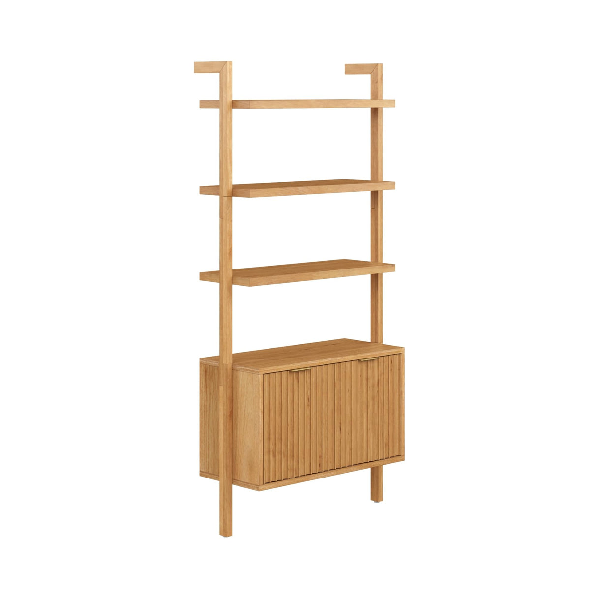 Nathan James Jasper 3-Shelf Solid Wood Boho Bookshelf, Wall Mounted Bookshelf with Cabinet with Fluted Doors, Natural Brown Nathan James