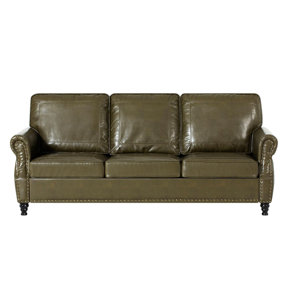 Nansiee 80” Traditional Faux Leather Sofa with Nailhead Trim, Classic 3-Seat Couch with Turned Wooden Legs, Mid-Century Sofa with Rolled Armrest for Living Room, Office, Olive Green Nansiee