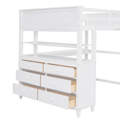 Full Size Solid Wood Loft Bed with Desk, Storage Drawers, and Safety Guardrails - White - WoodArtSupply