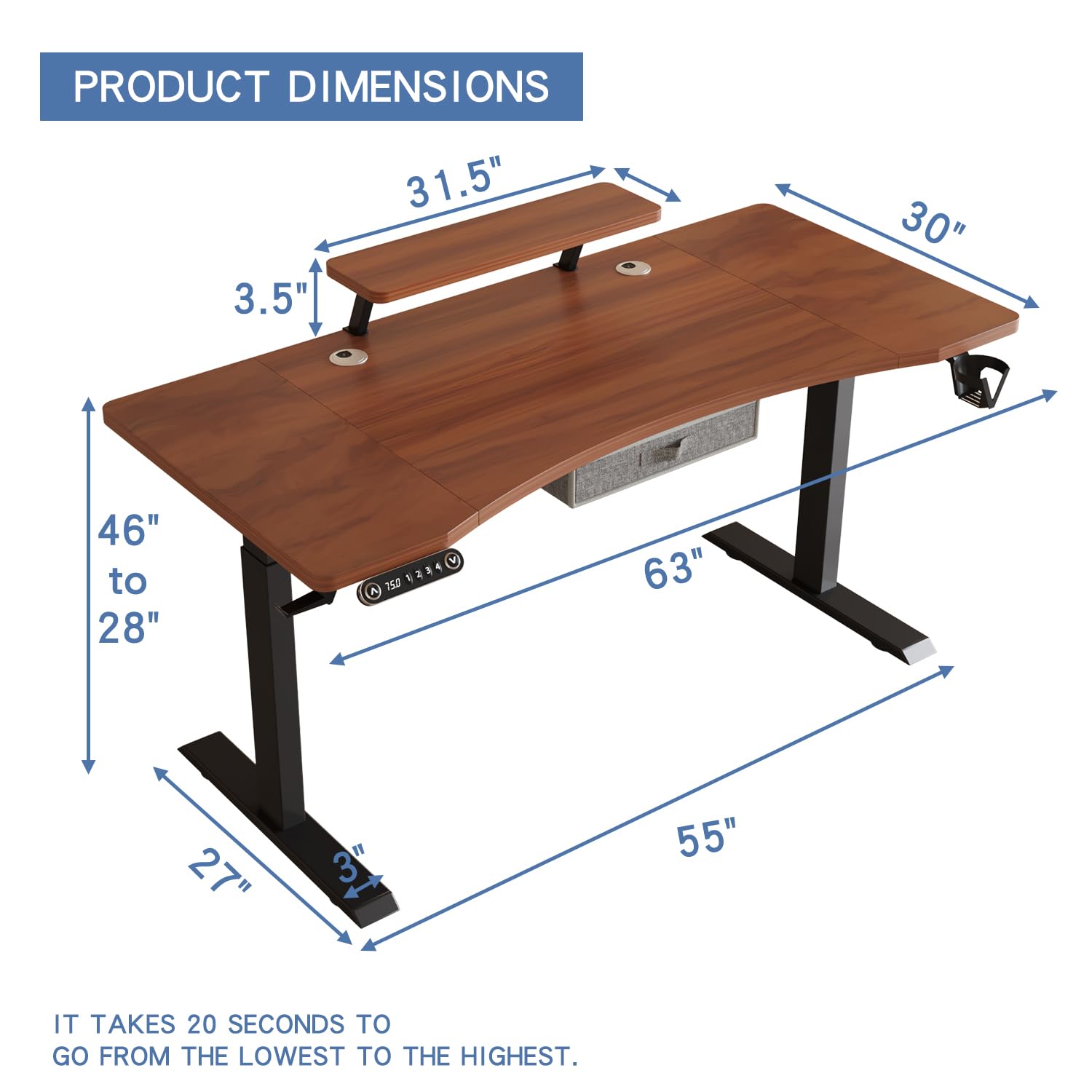 bilbil Dual Motor Electric Standing Desk with Drawer, 63x30 Inches Adjustable Height Sit Stand Up Desk with Storage Shelf, Home Office Desk Computer Workstation with Dark Walnut Top/Black Fra - WoodArtSupply