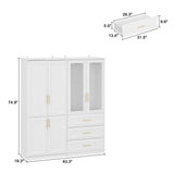 Hitow Wardrobe Armoire Closet with Glass Doors, 63.3" W Wardrobe Storage Cabinet with 3 Drawers & Hanging Rod, Wardrobe Armoire Dresser for Bedroom Clothing Organizer, White Hitow