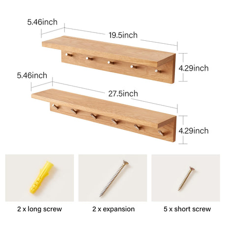 Rsuwiz Wall Hooks with Shelf Oak Wood Coat Rack Shelf Wall Mounted, Entryway Shelf with 6 Metal Hangers for Clothes Hats Towel for Bathroom, Bedroom, Living Room (Natural, 27.5 inches) Rsuwiz