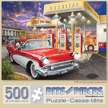 Bits and Pieces – 500 Piece Jigsaw Puzzle for Adults – Fill'er Up - Old Fashioned Gas Station Car Jigsaw Puzzle by Artist Bigelow Illustrations, Completed Puzzle Size: 18" x 24"