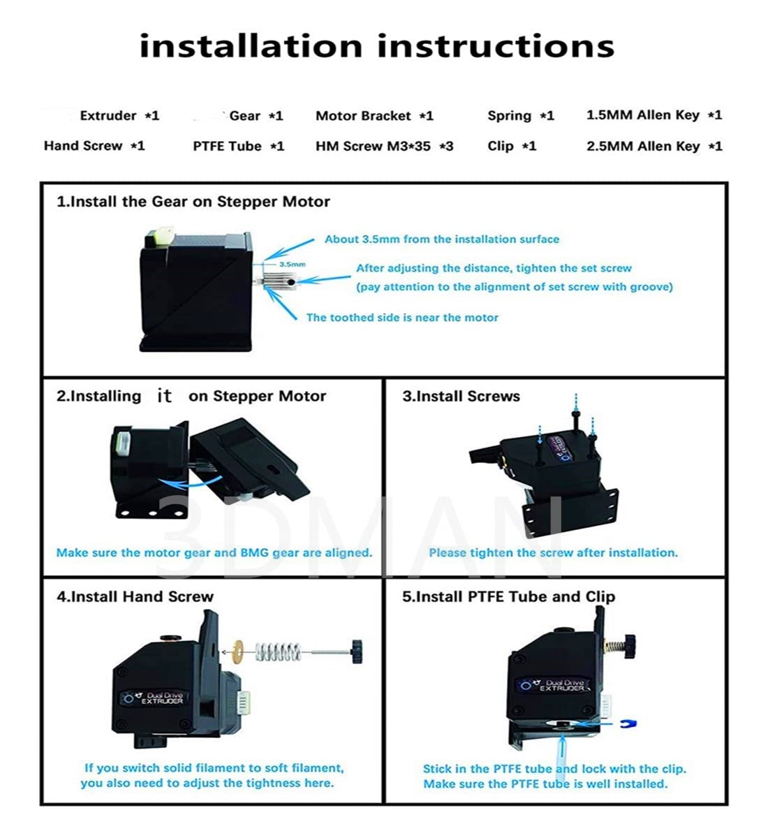 3Dman Dual Drive Bowden Extruder Universal Geared Extruders for Ender 3 V2, Ender 3 Pro, Ender 3 Series, CR10 Series, Mega S, Tevo Tornado, Wanhao D9, Anet A8 E10, Prusa I3 and DIY 3D Printer 3Dman