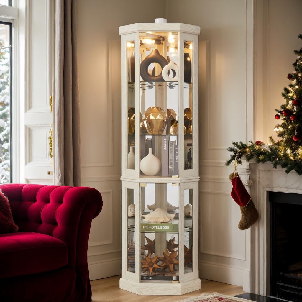 Eyisean 70" Lighted Glass Corner Curio Cabinet, Display Cabinet with Elegant Tempered Glass Door, China Cabinet with Light Bulb, Mirrored Back Panel, Rack for Living Room Storage (White) Eyisean