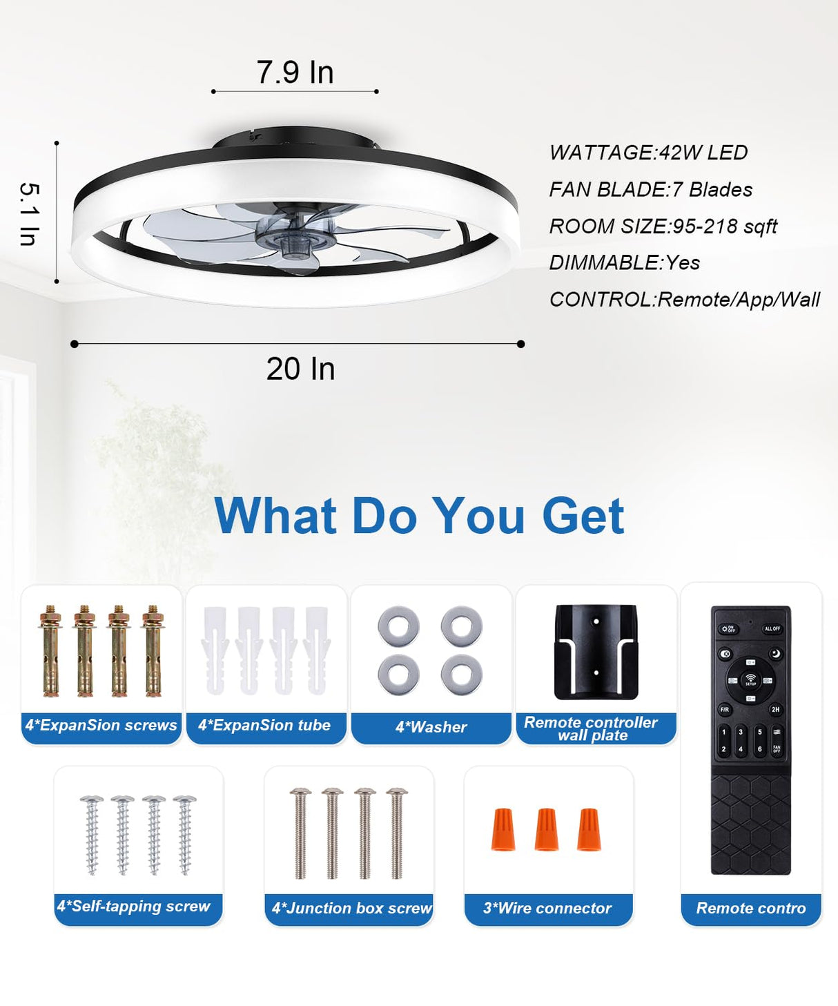 Ceiling Fans with Lights and Remote, 20"Modern Low Profile Ceiling Fan with Light , Stepless Color Temperature Change and 6 Speeds, Flush Mount Ceiling Fans for Bedroom, Kids Room and Living Room. AQUBT