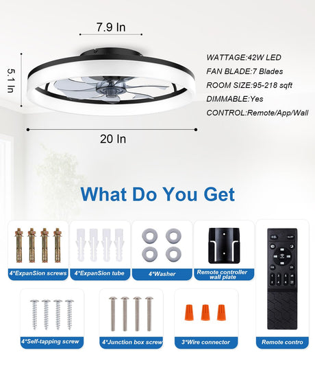 Ceiling Fans with Lights and Remote, 20"Modern Low Profile Ceiling Fan with Light , Stepless Color Temperature Change and 6 Speeds, Flush Mount Ceiling Fans for Bedroom, Kids Room and Living Room. AQUBT