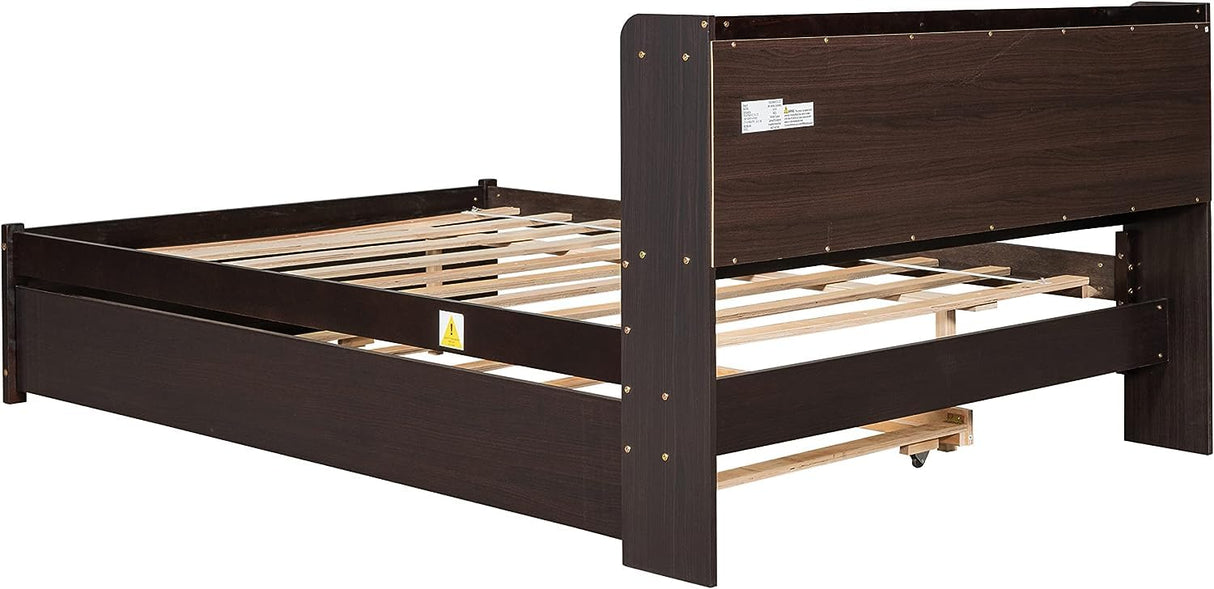 Harper & Bright Designs Full Bed Frame with Trundle, Full Trundle Bed with Bookcase Headboard, Wood Full Size Platform Bed with Twin Trundle Bed Under for Kids Girls Boys, Espresso Harper & Bright Designs