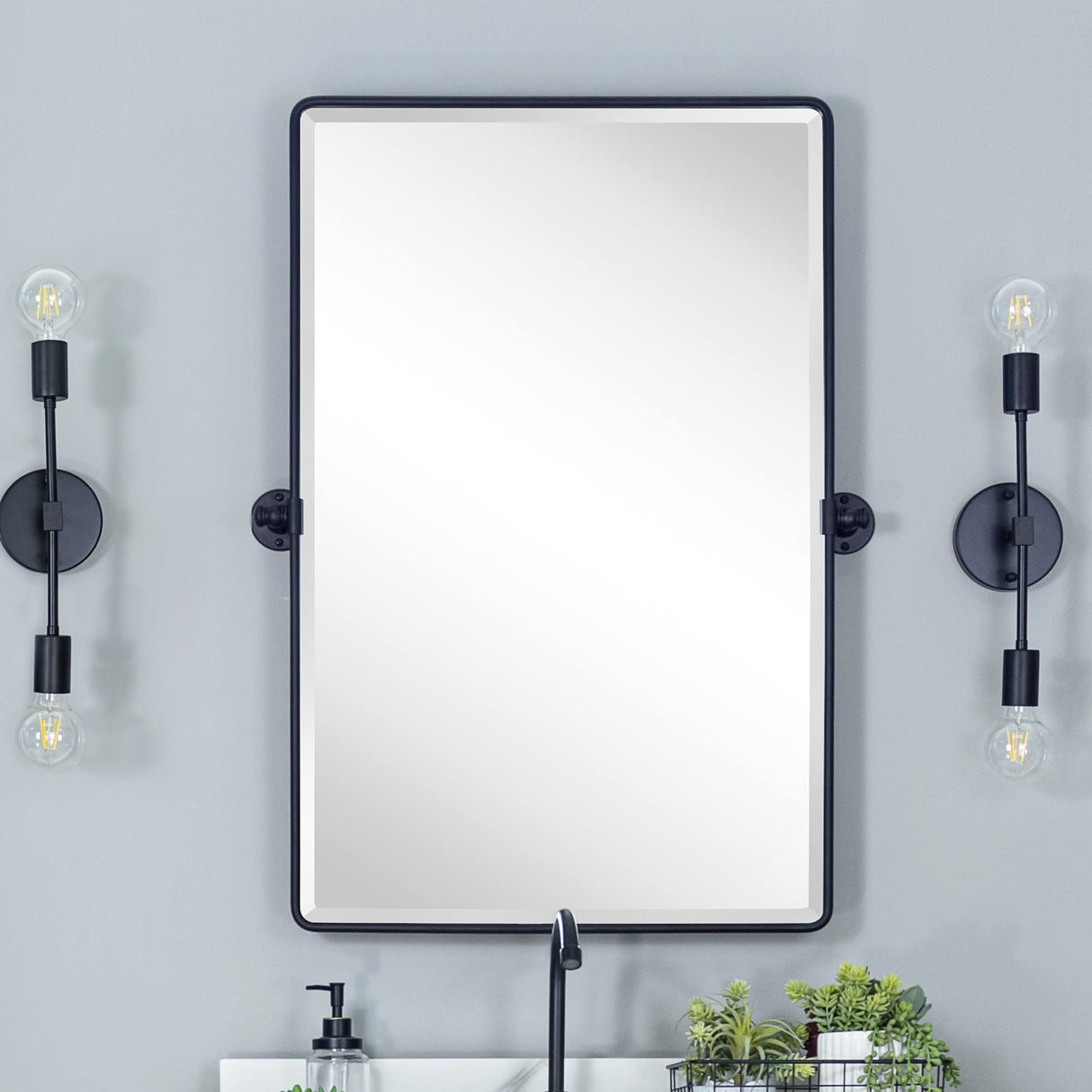 Farmhouse Pivot Rectangle Bathroom Mirror Black Metal Framed Tilting Beveled Vanity Mirrors for Wall 20x30'' TEHOME
