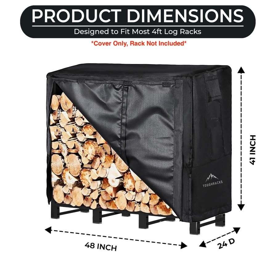 TOUGHRACKS Firewood Rack Cover 4FT | Waterproof & Heavy Duty Log Rack Cover, 600D Firewood Wood Rack Cover, Log Pile Holder for Outdoor/Indoor | NO FADING | Cover Only, NO Rack | Black (48x24 - WoodArtSupply