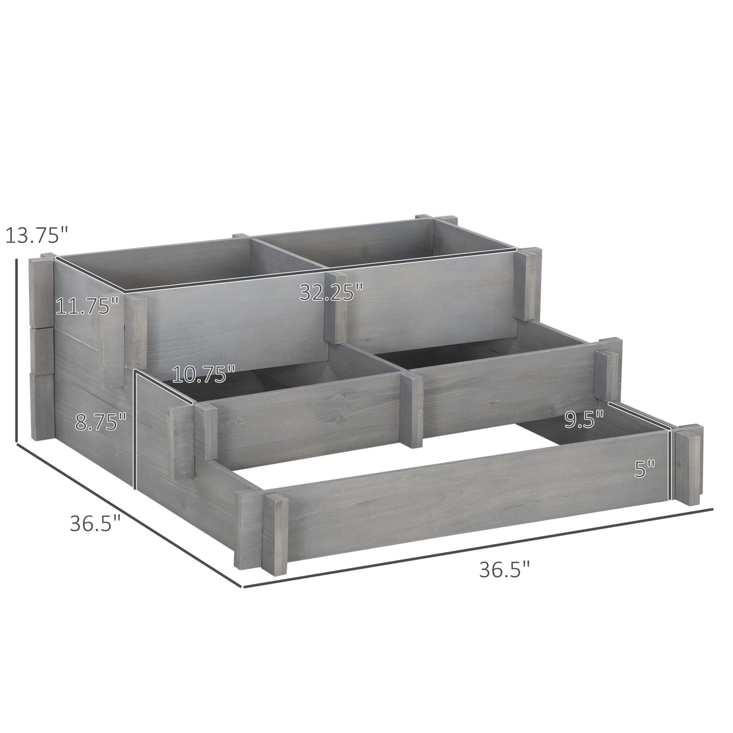 Outsunny 3-Tier Raised Garden Bed with 5 Compartments and Bed Liner, Elevated Wooded Wooden Planter Kit, for Vegetables, Herbs, Outdoor Plants, 37 x 37 x 14in, Gray