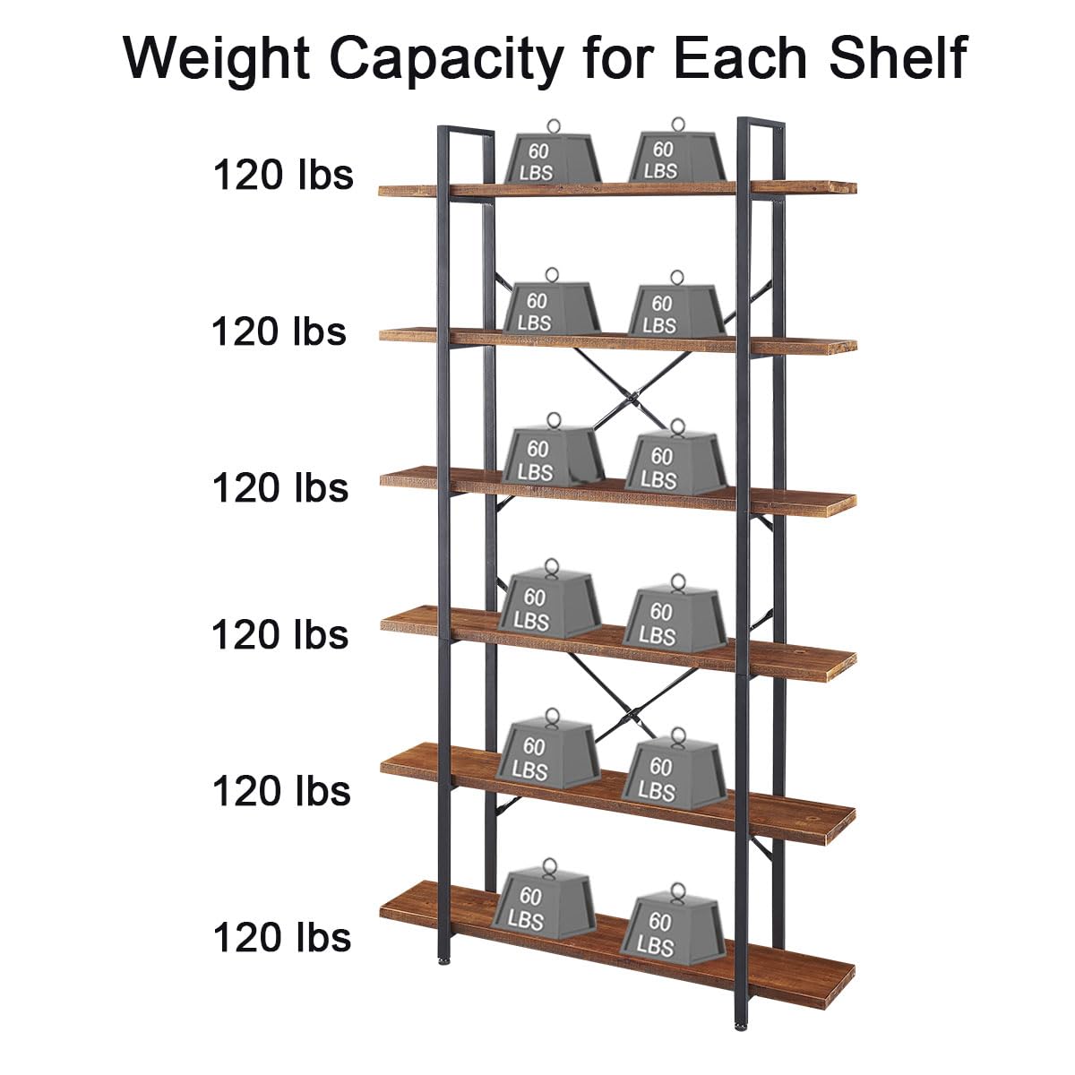 HSH Distressed Brown Solid Wood 6-Tier Industrial Bookcase with Sturdy Metal Frame - WoodArtSupply