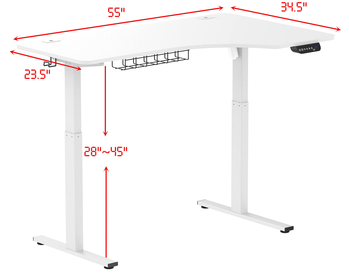 SHW 55-Inch L-Shaped Electric Height Adjustable L-Shaped Standing Desk with Right Facing Corner, White SHW