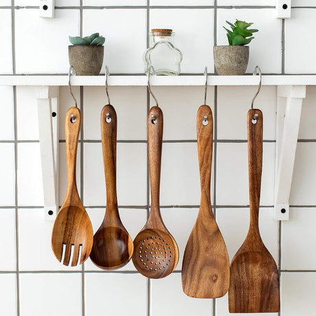 Wooden Kitchen Utensils Set, 5 PCs Natural Acacia Spurtle Set for Non-stick Pan Kitchen Tool Ladle and Wok Spatulas, Salad fork TEZZ