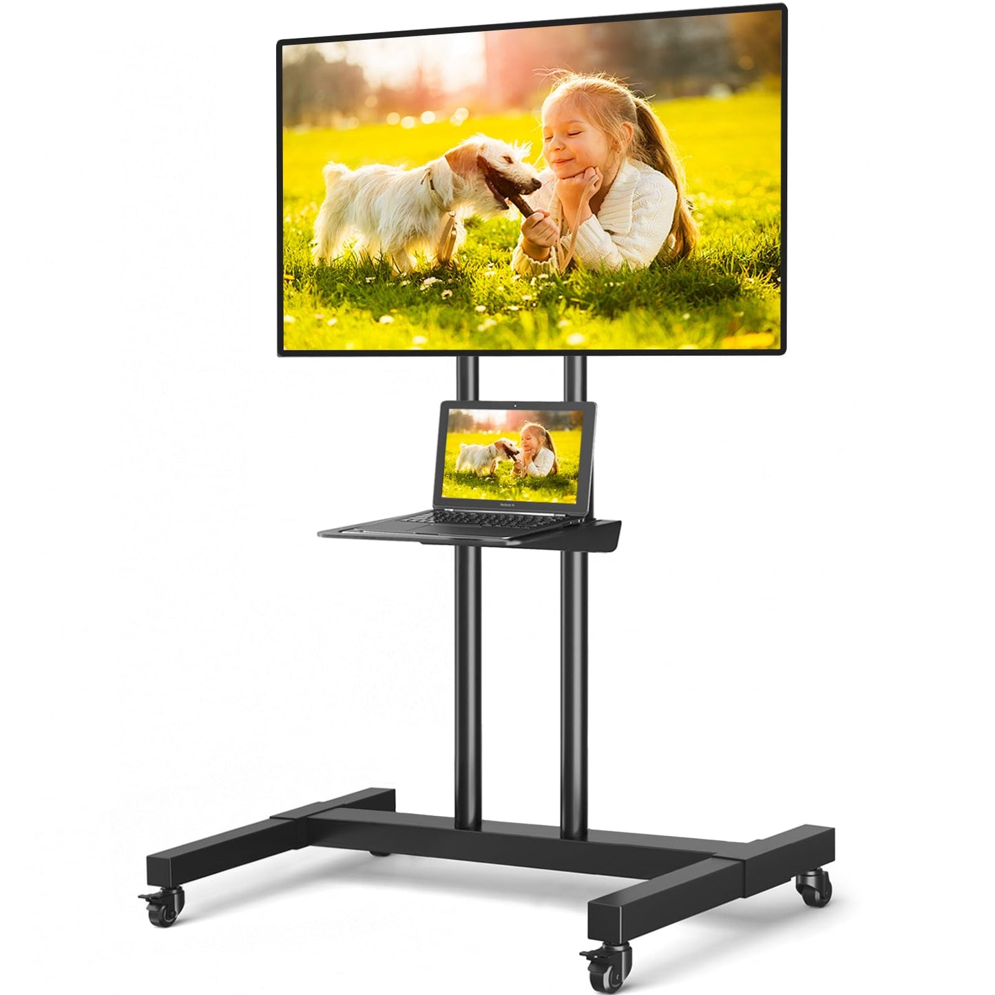 TVON Rolling TV Stand for 32-83 inch Flat Screen/Curved TVs up to 110 lbs, Height Adjustable Portable TV Stand on Wheels with Metal Laptop Shelf, TV Stands for Living Room, Home and Office Use