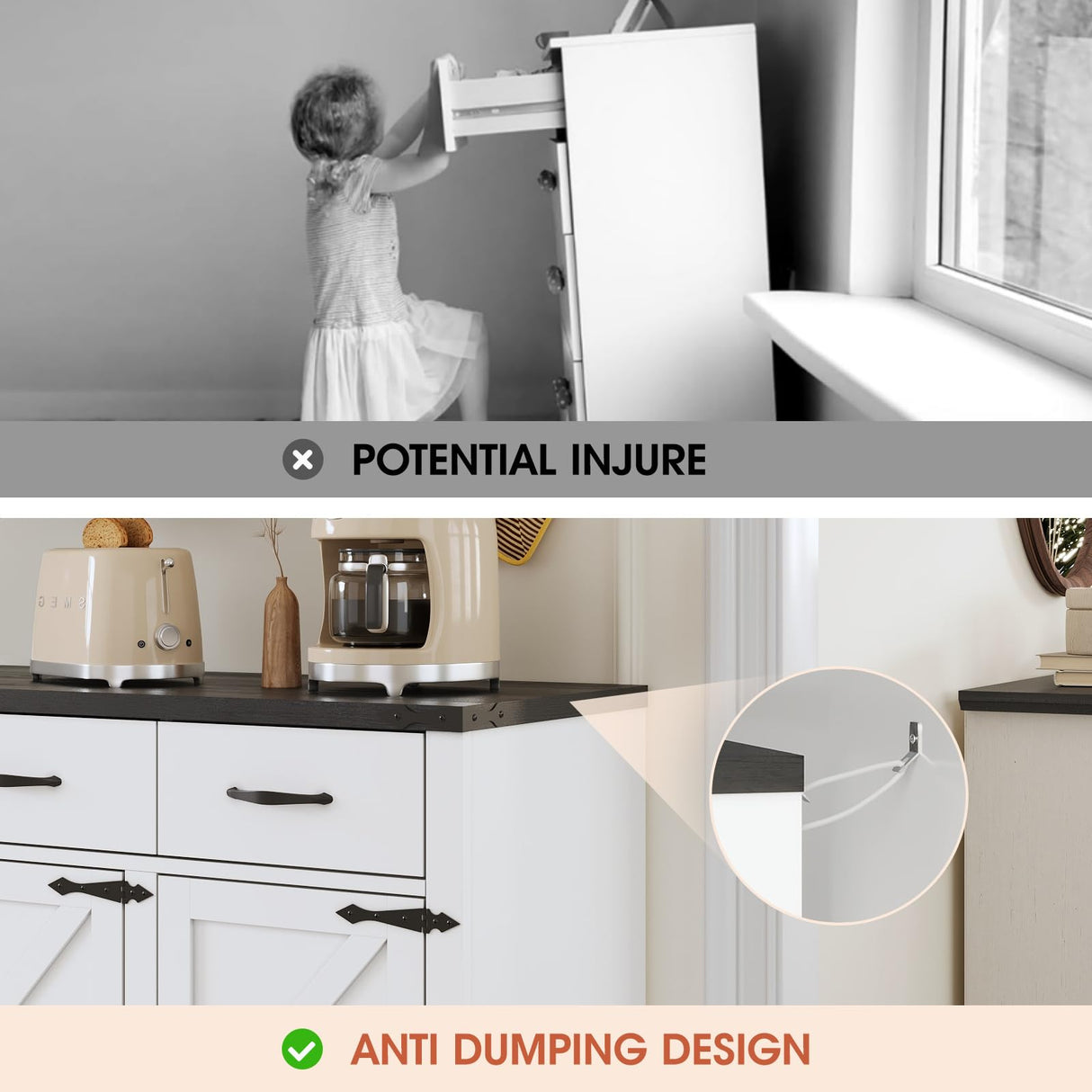 Maupvit 42.5" Sideboard Buffet Cabinet with Storage,Farmhouse Coffee Bar Cabinet with 3 Drawers & 3 Barn Doors, Wood Cupboard Buffet Table Storage Cabinet for Kitchen, Dining Room, Living Room, White Maupvit