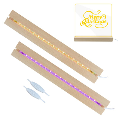 2 Pcs 11.81 Inch Wooden LED Light Display Pedestal, Wooden Rectangle LED Lights Display Base for Acrylic and Plexiglass,Night LED Light Lamp Base with USB Switch (7 Color)