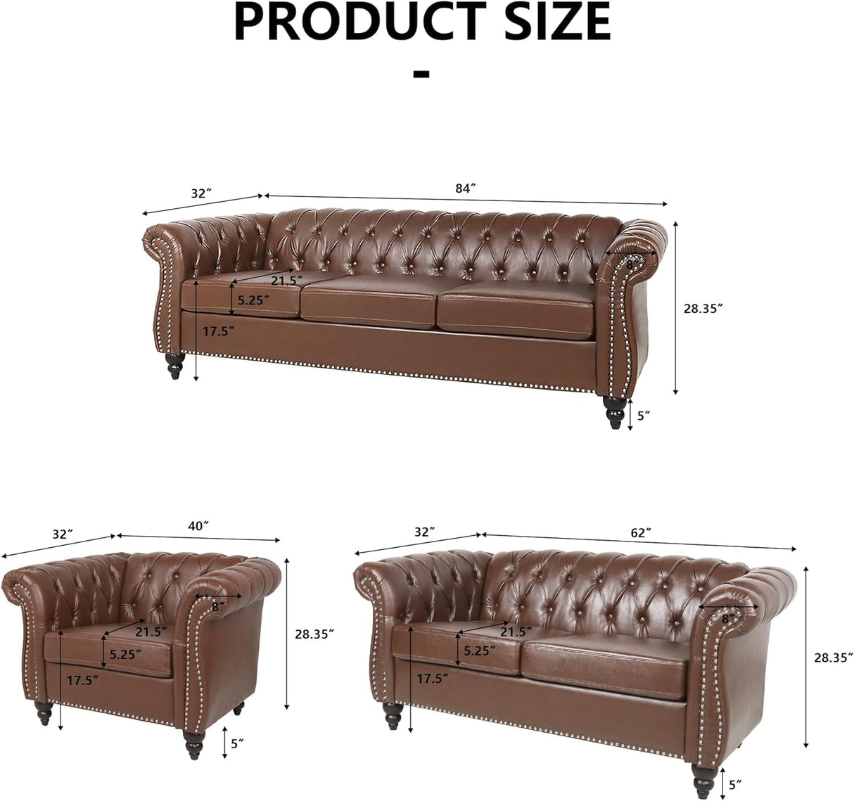 AVZEAR Leather Sofa 3 Seater Couch, Large Sofa Furniture Roll Arm Classic Tufted Chesterfield Settee Leather Sofa with Channel Tufted Seat Back for Living Room, Brown PU AVZEAR