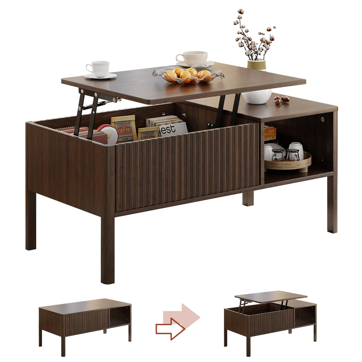 Fluted Lift Top Coffee Table for Living Room, Small Coffee Table with Storage Hydraulic Lift Large Capacity, Sturdy Legs Safe Round Corner, Easy Assembly for Small Spaces, Vertical Grain-Brown RUMBALUXY
