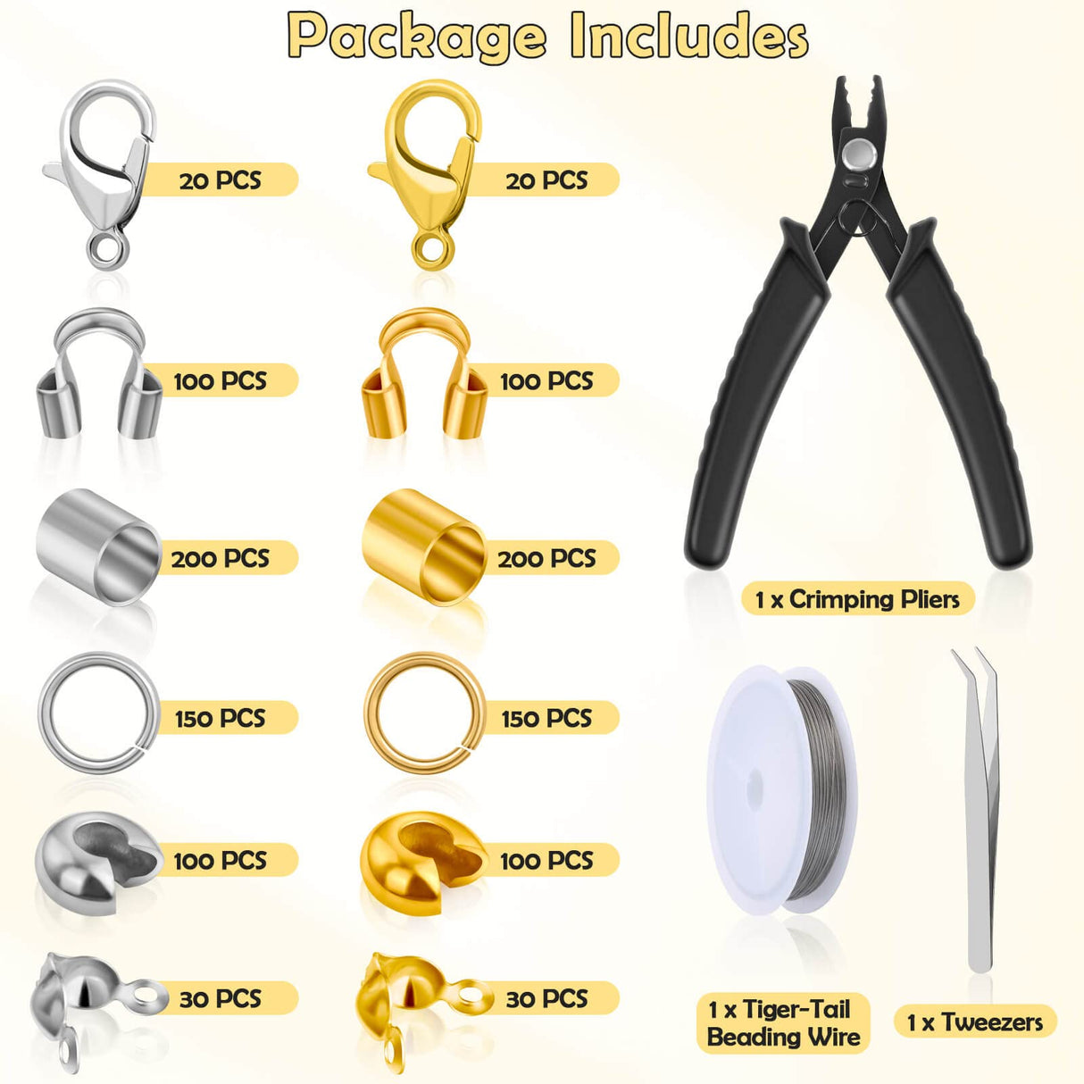 1200 Pcs Crimp Beads Kit for Jewelry Making, Acejoz Crimp Beads, Crimp Covers, Crimp Tubes and Wire Guardians, Lobster Clasps, Jump Rings, Crimping Pliers and Beading Wire for Jewelry Making Acejoz