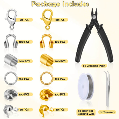 1200 Pcs Crimp Beads Kit for Jewelry Making, Acejoz Crimp Beads, Crimp Covers, Crimp Tubes and Wire Guardians, Lobster Clasps, Jump Rings, Crimping Pliers and Beading Wire for Jewelry Making Acejoz