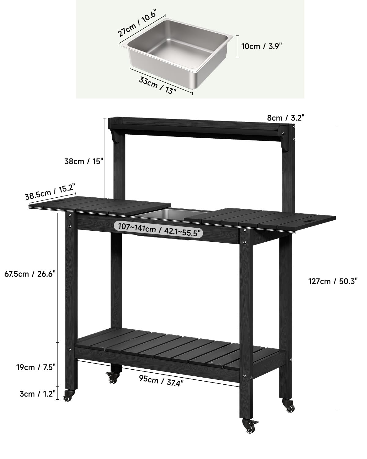 ONBRILL HDPS Outdoor Potting Bench with Sliding Tabletop/ 4 Wheels/Removable Sink, All-Weather Outside Garden Work Table, No Rust/Fade/Break, Potting Station for Porch, Patio & Backyard (Black) ONBRILL