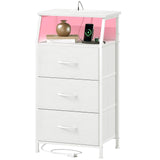 Somdot White Nightstand with Charging Station and LED Light for Bedroom, Tall 3 Drawers Dresser with Fabric Bins for Bedside Kids Dorm Room Closet Laundry Entryway, White Leather Somdot