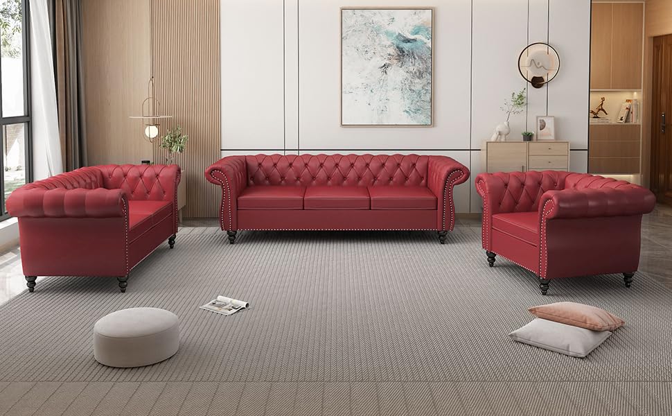 AVZEAR Chesterfield Leather Sofa 3 Seater Couch, Mid-Century Large Sofa Roll Arm Classic Tufted Settee Modern PU Sofa with Channel Tufted Seat Back for Living Room, Office, Apartment, Claret AVZEAR