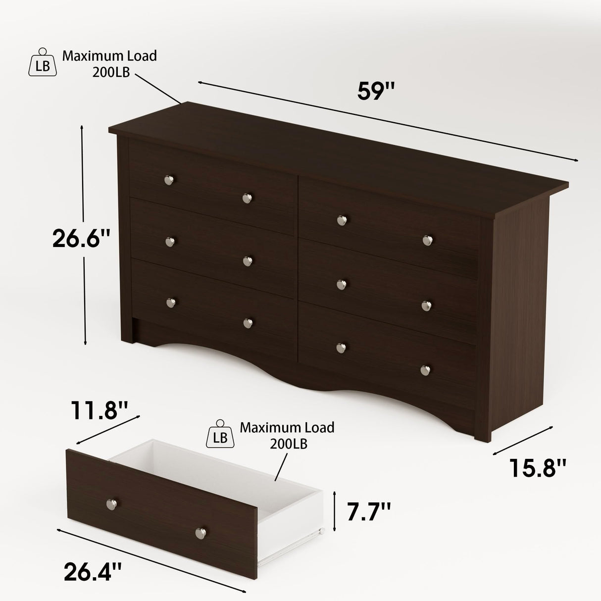 Furniwell 6 Drawer Dresser for Bedroom, Wood Dresser Wide Storage Organizer for Living Room Hallway Closets (Brown) Furniwell