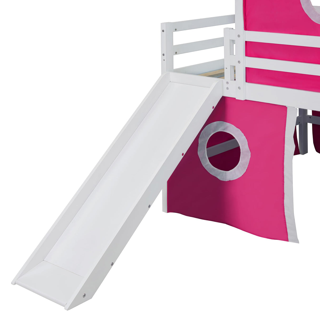 Ball & Cast Full Size Loft Bed with Slide and Tower,Loftkbed w/Ladder & Full-Length Guardrails,Slat Support,No Box Spring Needed,Space Saving,Slat Support,Bedframe for Child's Bedroom,Pink Ball & Cast