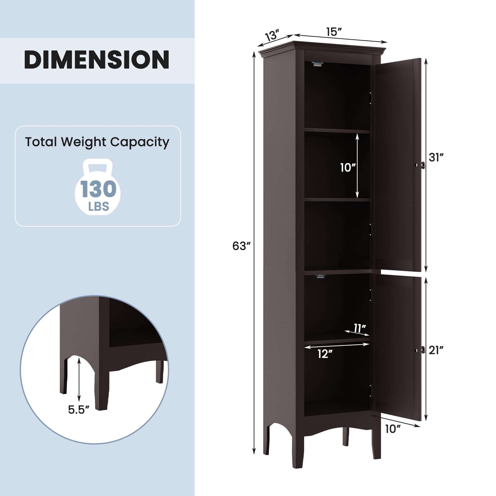 Tangkula 63" Freestanding Slim Bathroom Storage Cabinet with Adjustable Shelf and Elegant Louvered Doors - WoodArtSupply